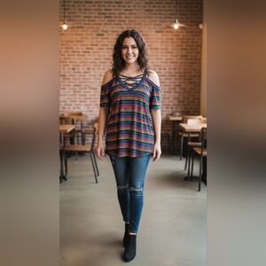 Eye Candy NWT Juniors Plus 2X Cold Shoulder Top - Rainbow Stripe